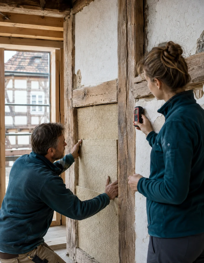 Fachkraft setzt eine mineralische Innendämmplatte zwischen historische Holzbalken, während die Wandfeuchte gemessen wird.