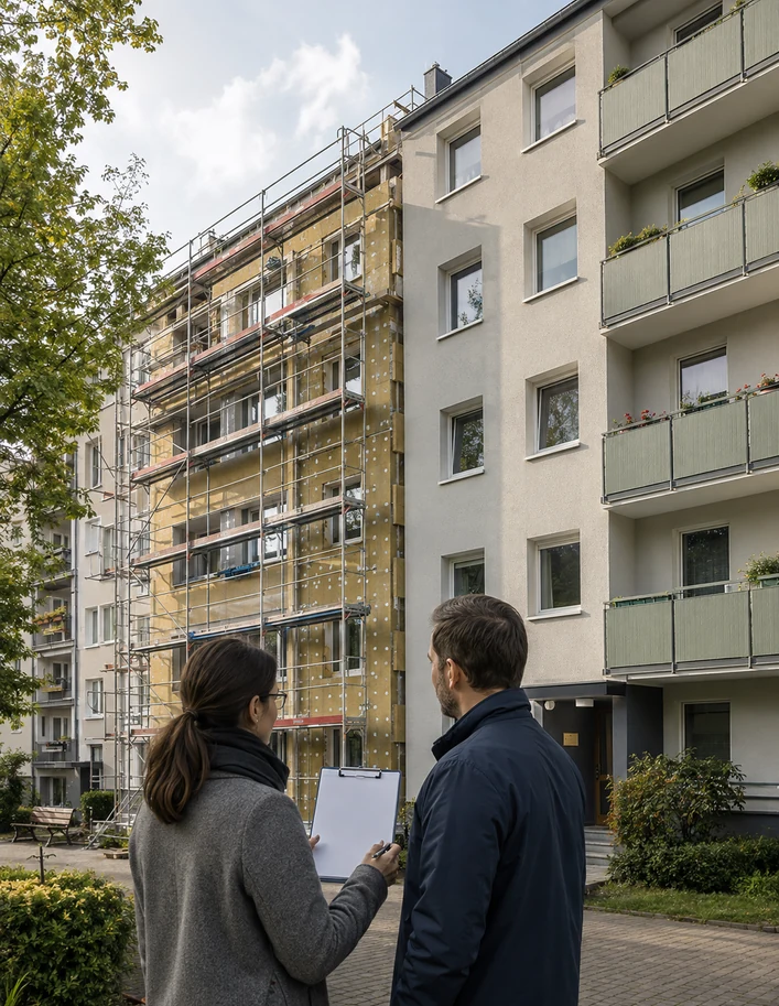 Mehrfamilienhaus mit gedämmtem Fassadenabschnitt, Gerüst und zwei planenden Fachpersonen im Hof.