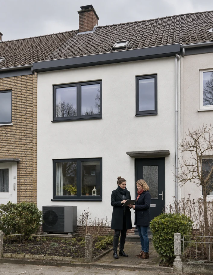 Modernisiertes Reihenmittelhaus mit neuen Fenstern und kompakter Wärmepumpe im Vorgarten.
