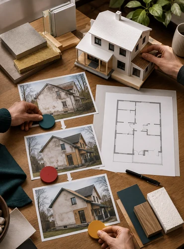 Hausmodell, Baustoffproben und unbeschriftete Planungskarten liegen auf einem Arbeitstisch.