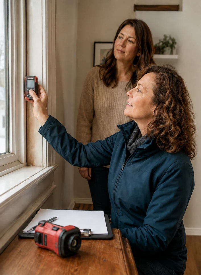 Energieeffizienz-Fachperson misst einen Fensteranschluss, während eine Eigentümerin zusieht.